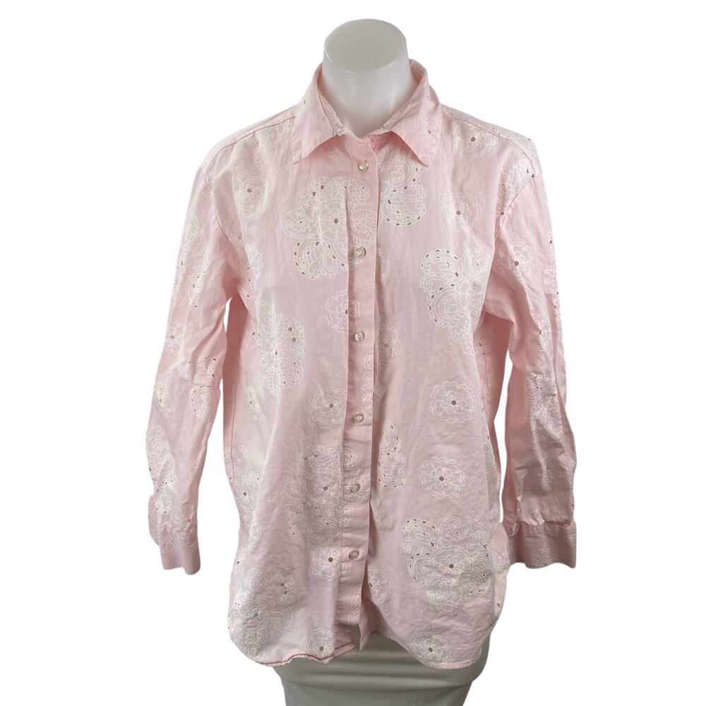 Zara Embroidery Hollow Out Pink Floral Eyelet Long Sleeve Button Up Blouse Top M